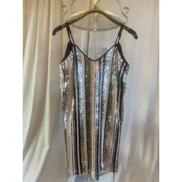 Lucy Paris Dress Sequin Cocktail Concert Mini Multicolor Spaghetti Straps Medium - Picture 1 of 8